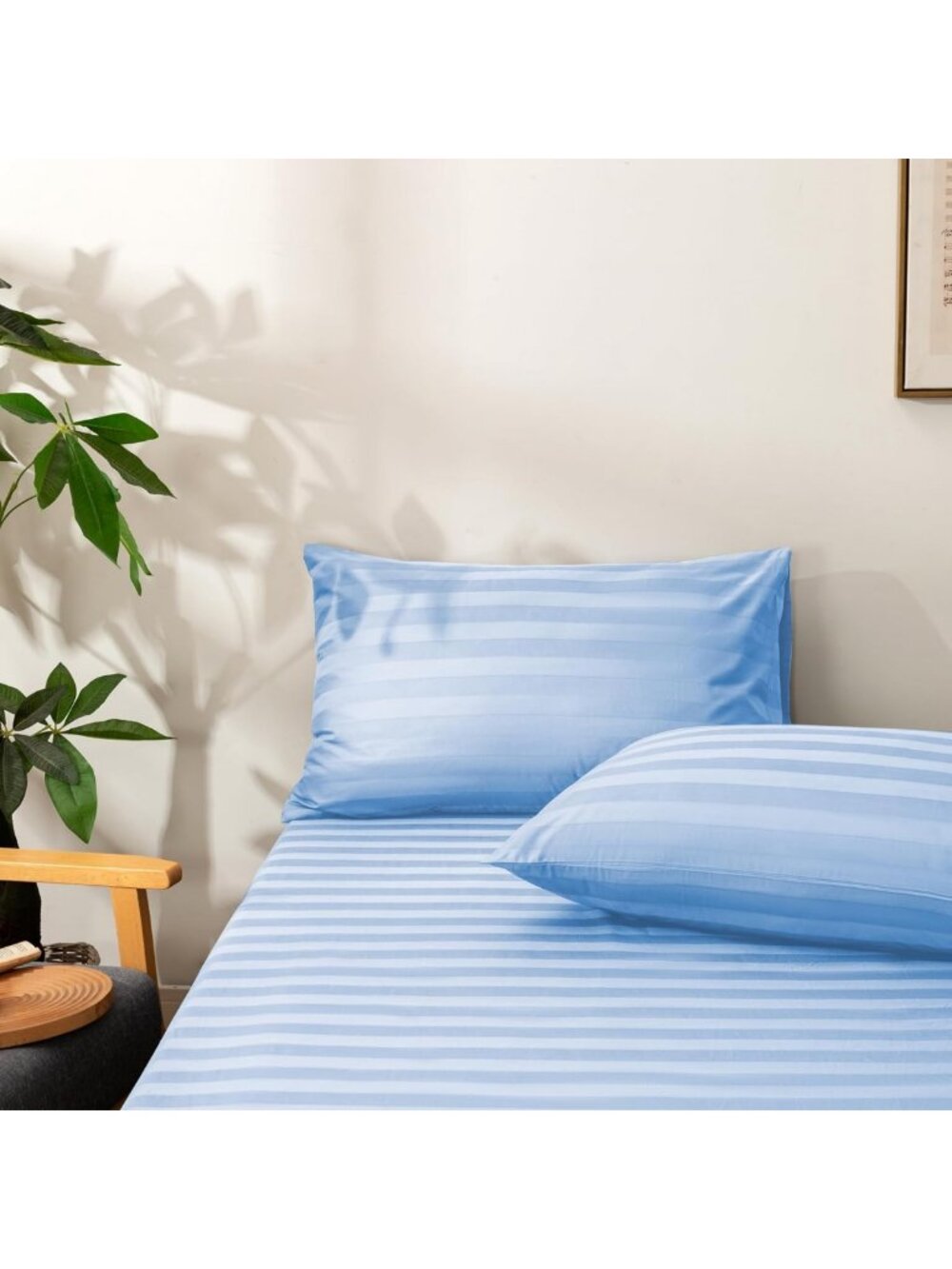 3 Piece Organic Cotton Stripe Fitted Sheet & Pillowcase Set - Soft, Cooling
